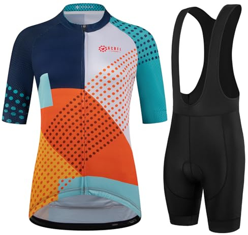 GCRFL Radtrikot-Set für Damen, kurze Ärmel, Fahrradtrikot, Reißverschlusstasche, Fahrradhose mit 4D-Polsterung, Radbekleidung für Damen, Marineblau, L