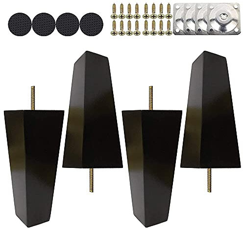 Ruolin 4Pcs Pieds de Meuble Bois Droit Noir, Lot de Pieds Table Basse Bois, avec Vis M8 Tapis Antidérapant et Plaque de Montage pour Canapé Lit Table Fauteuil Table de Nuit Armoire