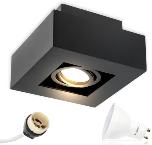 Lumiled Aufbauspot LED Aufbauleuchte Deckenspot Deckenlampe Spot Deckenleuchte schwenkbar Downlight eckig schwarz inkl. 5W LED–Leuchtmittel GU10 480lm 4000K Neutralweiß 230V 120° Aluminium