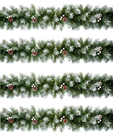 Shop4allsorts set of 4 snow tipped Christmas garland decoration with white berries and pinecones - premier artificial green tree garland - stair fireplace garland - 270cm 2.7m x 20cm