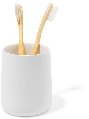 Yew Design Matte White Toothbrush and Toothpaste Holder and Cup for Bathroom Vanity and Countertop, Round Organizer for Electric Toothbrushes, Floss, Razors, Cotton, and Mouthwash
