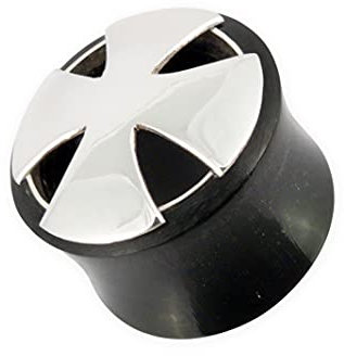 Fly Style Piercing Ohr Tunnel Plug Horn und 925 Silber - Ohr Piercings - Eisernes Kreuz Horn Tunnel, Grösse:12 mm