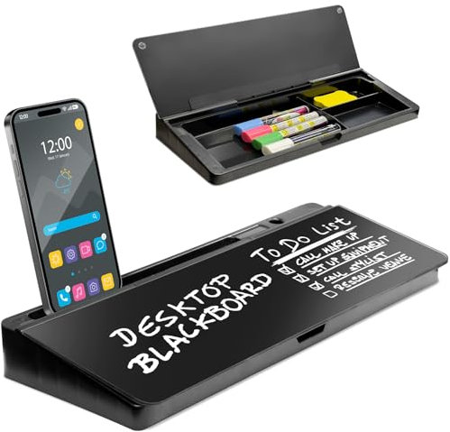 Desktop Dry Erase Board - Glass Erase Board - Black Desk Computer Buddy - Home Office & Studium Essentials - Phone & Tablet Slot, Storage Compartment - Includes 4 Markers, 1 Eraser