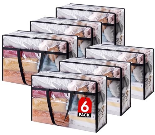 Lifewit 6 Pack Clear Plastic Storage Bags, 60L Foldable Clothes Storage Boxes Wardrobe Storage Organizer Moving Bags with Reinforced Handle for Loft Wardrobe for Bedding Clothes Blanket Duvet