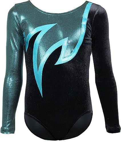 Turnanzug Java Spezial Samt - Stretch-Material langarm Gymnastikanzug Turnbody langärmlich, Größe:170, Farbe:Samt Schwarz - Türkis & Petrol
