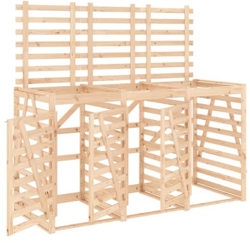 vidaXL Abri pour Poubelle Triple sur roulettes, Cache-Poubelle avec Porte et Couvercle, Hangar à Poubelles avec Rangement Jardin, Marron Bois Massif de Pin