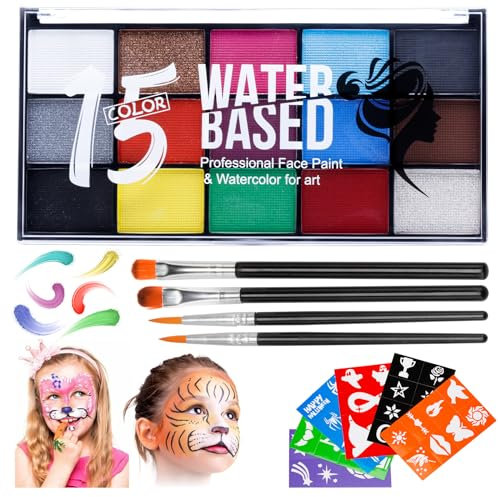 Katiluxiya Acqua Attivata Vernice Viso Del Corpo per Halloween Cosplay Party, Kit di pittura del viso per bambini adulti non tossico,15 Colori Pittura Palette 4 Pennelli e 6 Adesivi (01)