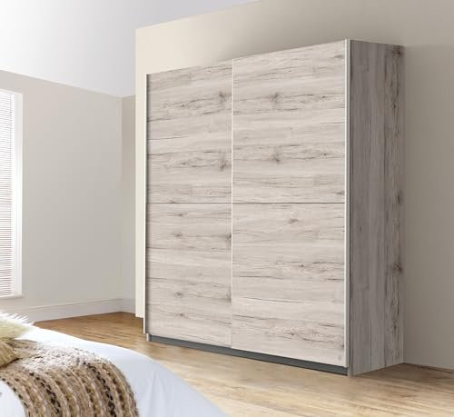 Forte Möbel Set : Armoire+Étagères+Commode à tiroirs+Butoir de Porte, matériau en Bois, chêne Sable, Grand