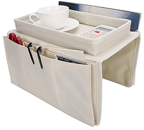 Ejoyous Organizzatore per Braccioli del Divano, Borsa Portaoggetti per Divano con Vassoio Portaoggetti, Maggiordomo per Divano Pieghevole con 5 Tasche per Riviste, Telecomando, Telefono