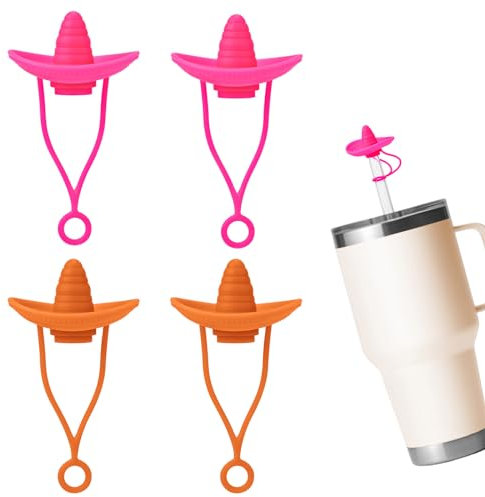 4pcs Cowgirl Hat Straw Cover, Soft Silicone Straw Lids for Stanley Cup Dust-Proof Cute Straw Topper Decorative Straw Cover Cap for Tumblers 30, 40 oz (Rose Red, Brown)