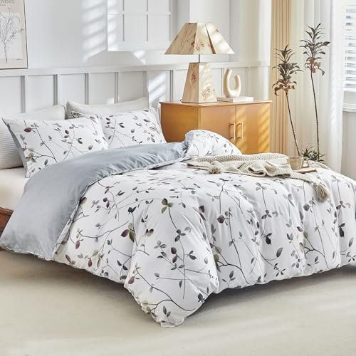Tokokimo Housse de Couette 200x200 avec 2 Taies d'oreiller 65x65 cm - Motifs de Branches et de Feuilles - Parure de lit 200x200 cm - 100% Microfibre Parure Couette Fermetures éclair, Blanc Gris