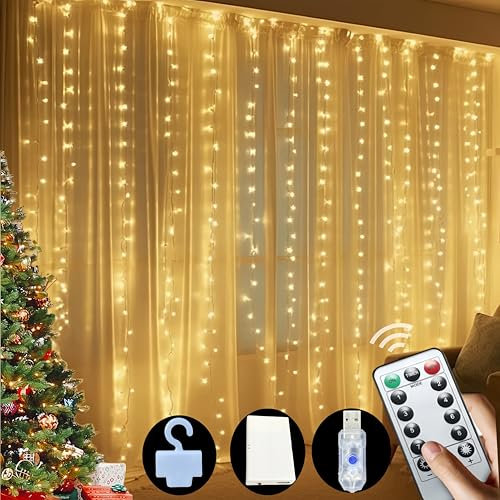 Amening 300LED Guirlande Lumineuse Rideau,3m*3m Rideau Lumineux,8 Modes d'Eclairage USB/Alimenté Par Batterie Télécommande avec Minuterie pour Noël,Mariage,Anniversaire,Maison