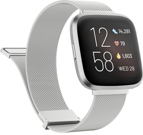 Oumida für Fitbit Versa 2 Armband / Fitbit Versa Armband für Herren & Damen, Edelstahl Magnetisches Metall Ersatzbänder für Fitbit Versa Lite/Versa SE (Silber)