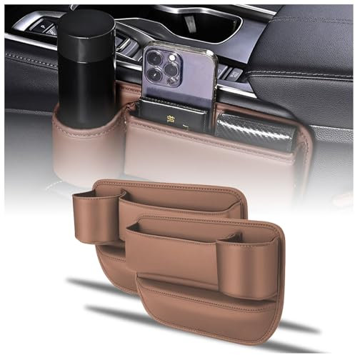 Lot de 2 porte-gobelets de voiture en cuir - Boîte de rangement réglable pour siège de voiture - Avec porte-gobelet - Pour téléphones, lunettes, clés, cartes (marron clair)