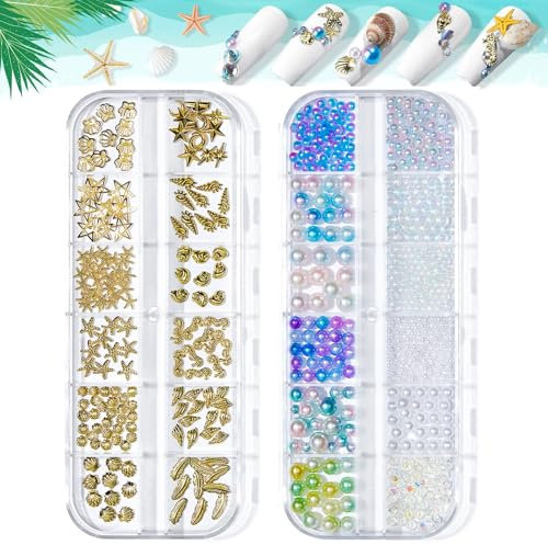 Ocean Themed Nail Charms, 2 Boxes - Shell, Star, Conch, Starfish, Pearl Nail Art Studs & Decorations - Colorful Beads, Metal 3D Designs for Manicure DIY Crafts
