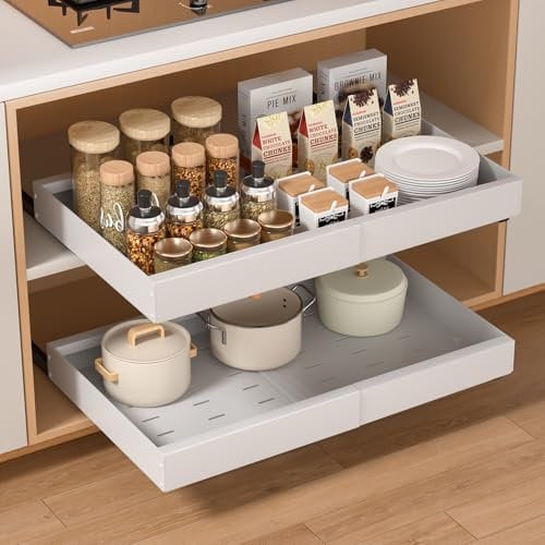 PNNP Cajones Extraibles para Cocina Adhesivos: Bandeja Armario Telescópico - Organizador Armario de Ancho Ajustable (32-53cm Ancho x 43cm Profundidad x 7cm Alto) - Sin Taladrar | Blanco