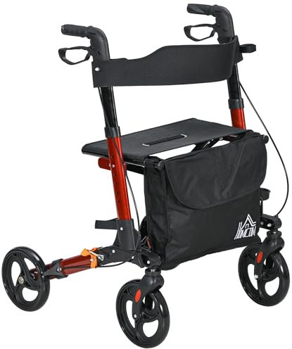 HOMCOM 4 Wheel Rollator with Seat and Back, Folding Mobility Walker with Carry Bag, Adjustable Height, Dual Brakes, Cane Holder, Lightweight Aluminium Walking Frame for Seniors and Disabled, Red