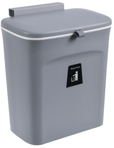 Cubo Basura, 9L Cubos de Basura Colgando, Contenedor de Compostaje para Cocina, Cubo de basura colgante de 9 litros con tapa, para Puerta de Gabinete, Coche, Dormitorio, Oficina (Gris)