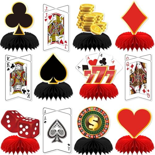 Adeyoo 12 x Casino-Themenparty-Dekorationen, Casino-Mittelstücke für Tische, 3D-Waben-Aufsätze, Poker-Party-Dekorationen für Geburtstag, Spielabend, Casino, Poker, Partyzubehör