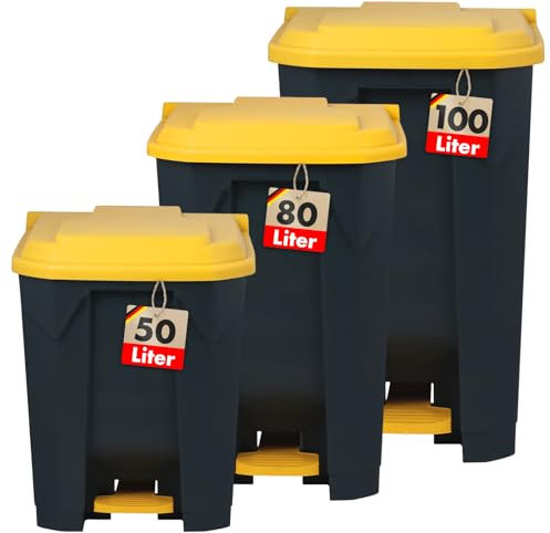 Floordirekt Poubelle Olaf - 100 l - Couvercle jaune - Pour cuisine et bureau - Système de tri sélectif des déchets - Avec mécanisme Step-On - Corbeille à papier