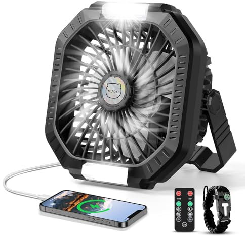 MIAOKE Ventilatore da campeggio, 10400mAh, ventilatore da tavolo USB con batteria, luce, gancio, cinturino in paracord, 4 velocità, 3 regolazioni temporizzate, adatto per camera, campeggio, viaggio