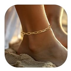 FaithHeart Bracelet de Cheville Femme Plaqué Or 14K - Chaîne à Maille Trombone Ajustable 6mm de Large et 22+5cm de Longueur - Collier de Cheville Tendance