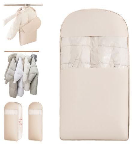 Vakuumbeutel zum Aufhängen, Space Saving Hanging Garment Bag with Self Compression Zipper, Vakuumbeutel für Bettdecken, Kleidung, Anzüge, Kleider, Mäntel oder Jacken (Haferfarbe, S, 1 Stück)