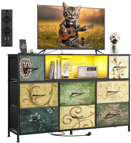 WLIVE Kommode mit Schubladen, komode Schlafzimmer mit 8 Stoffschubladen | Kommoden & Sideboards mit LED und Ladestation, Holzplatte und Stabiles Stahlgestell für Wohnzimmer, Vintage-Druck