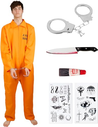 Häftling Kostüm Herren, Sträfling Kostüm Herren Damen, Orange GefäNgnis kostüm, Orange Prisoner Overall, Halloween Gefangener Overall Knast Prisoner Cosplay Outfit Karneval Party Deko für Erwachsene