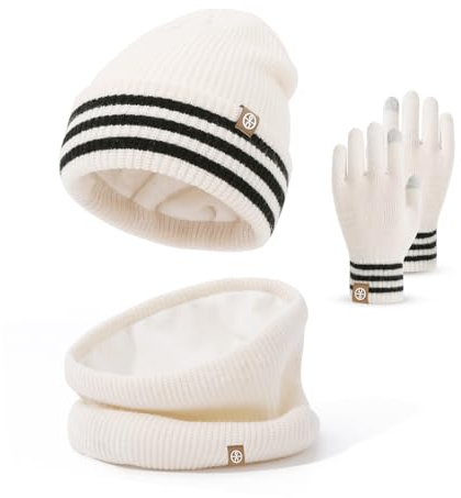 Ensemble Hiver 3 Pièces pour Enfants|Bonnet Thermique + Cache-cou Polaire & Moufles Tactiles (4-10 ans)|Doublure Polaire Souple Anti-Vent, Taille Élastique pour Ski/Jeux de Neige(Blanc Cassé)