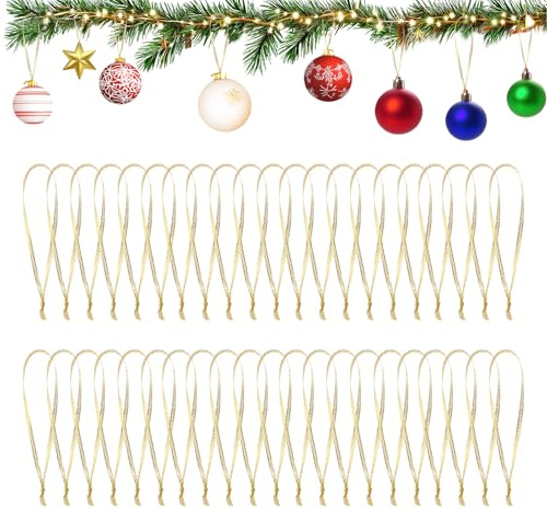 WEINIBAO 100 Pièces Doré Cintres d'Ornements de Noël, Ficelle pour Boule de Noël, Crochet Boule de Noëls, Cordes Prédécoupées, Accroche Boules de Noëls pour Arbre de Noëlss Décoration