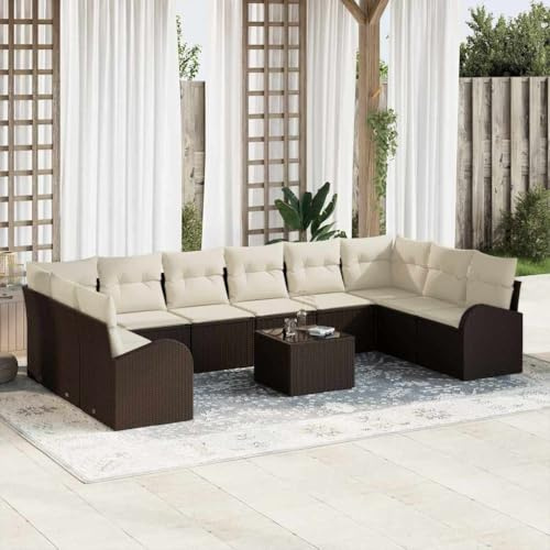 Qnhdfrt Garten Sofa Set 10 Sitzer aus Braunem Poly Rattan mit Cremefarbenen Kissen Eckcouch Lounge Möbel für Terrasse Balkon Garten