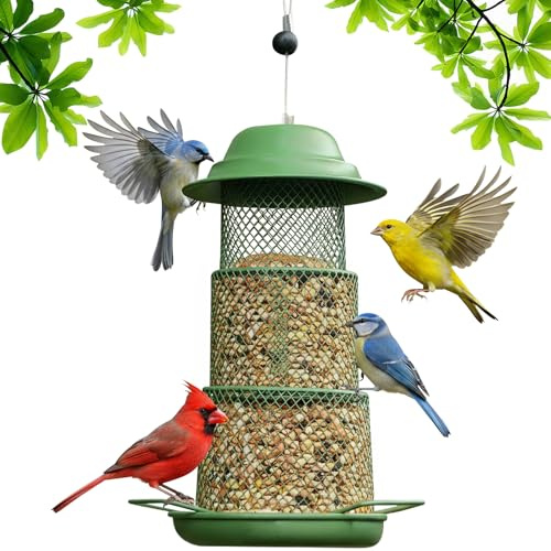 Yiomxhi Vogelfutterhaus zum Aufhängen, Vogelfutterspender aus Metall Eichhörnchensicher, Vogelfutterstation Futterhaus für Vögel mit Dach und 360°-Futtertrog für Garten Balkon, Grün