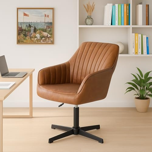 DUMOS Schreibtischstuhl Ohne Rollen, Bürostuhl Vintage PU Stoff, Höhenverstellbar Schminktisch Stuhl, Drehstuhl Kinder, Bis 135 kg Belastbar Desk Chair, für Arbeitszimmer, Schlafzimmer, Braun