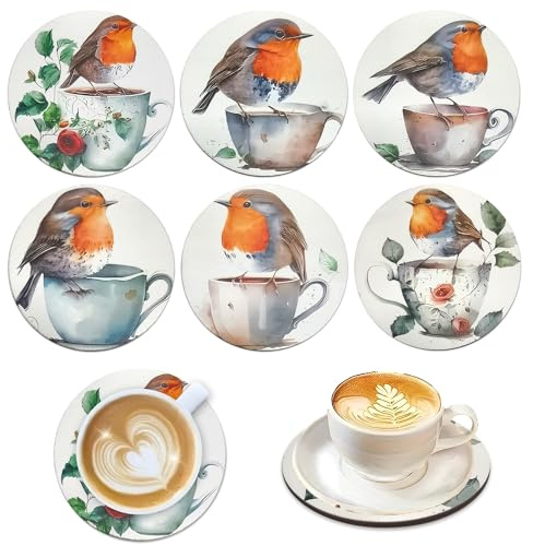 Wooden Coasters Set of 6 Round Bird Pattern Wooden Placemats for Drinks | Outdoor coasters for garden tables, featuring a robin design for garden gatherings, dining tables or office desks.