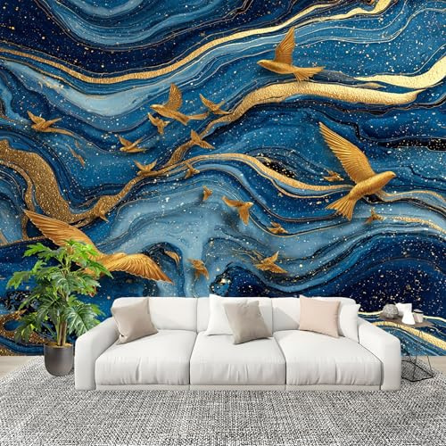 Fototapete 3D Effekt 400x280 cm FließEnde Goldlinien Tapete Vlies Geruchlos Atmungsaktiv Wandtattoo Blau HD Wanddeko Wandtapete Wandbild Nahtloses Spleißen Panoramatapete