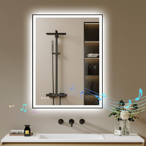 Badspiegel-mit-Beleuchtung 80x60 LED Badezimmerspiegel mit Bluetooth | Badezimmer Spiegel mit Beleuchtung, Beschlagfrei, Dimmbar, 3 Lichtfarben, Led-Spiegel-Bad Nahtloser Schwarz Metallrahmen