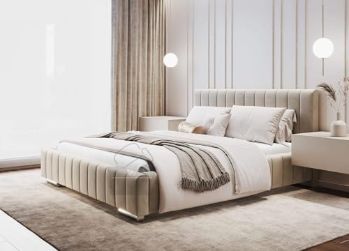 Polsterbett Imperia 160x200 cm, Bettkasten, Riviera-Stoff, Beige | Betten mit Metallrahmen und Bettgestell, Oeko-Tex, Weicher Stoff