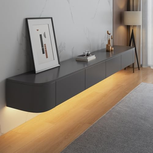 Aipunlus Wall Mounted TV Unit, Floating TV Stand Cabinet, Grey Floating TV Cabinet with Doors in Media Wall Unit, Entertainment Storage TV Console for Living Room and Office (Grey-LED, 160cm)
