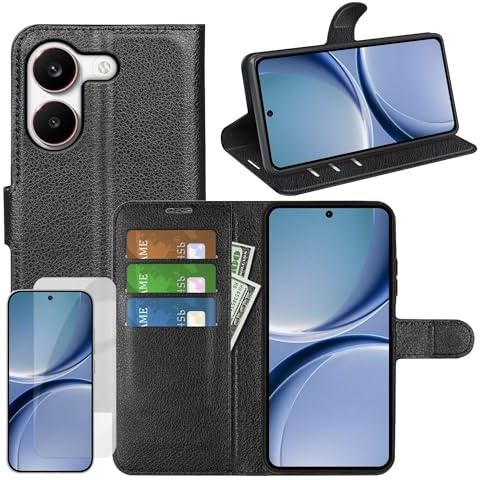 Wigento Klapphülle Schutzglas Set für Xiaomi Poco X8 Pro 5G, Kunstleder Wallet Hülle, Kartenfach, Standfunktion, 9H Displayschutz Glas Handyhülle (Schwarz)