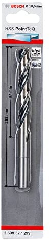 Bosch Professional Broca helicoidal HSS PointTeQ, para metal, vástago reducido, 10.5 x 87 x 133 mm, accesorio de taladro