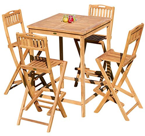 ALEOS. XXL BAR-Set - Teak Bartisch Bistrotisch Stehtisch 80x80cm mit 4X Barhocker klappbar Holz BIMA-SET80+4KLAPP