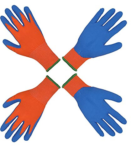 HANDLANDY Gartenhandschuhe für Kinder J.A,Gummihandschuhe aus Schaumstoff,Arbeitshandschuhe für Mädchen und Jungen,Orange und Blau,2 XXS, 4(7-8 Jahre)