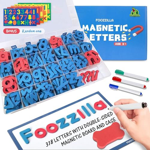 FOOZZILLA Magnetisches Buchstaben und Zahlen Set 208 teilig,mit doppelseitiger Magnettafel Schaumstoff-Alphabetbuchstaben für Kinder,die das ABC Lernen und im Klassenzimmer Rechtschreibung Lernen