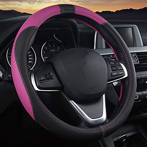 Pahajim Lenkradbezug Auto Universal Lenkradhülle Anti Rutsch Atmungsaktiv Lenkrad Bezüge Spleißen Lenkradschoner aus Mikrofaser Leder 38cm (Schwarz Lila)