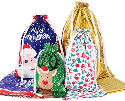 Amosfun 30pcs Christmas Drawstring Bags, 4 Sizes Foil Wrapping Bags Party Favor Goodie Containers Christmas Party Supplies (16-24'')
