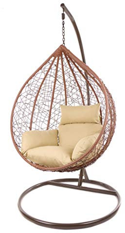 Kideo Komplettset: großer Hängesessel mit Gestell & Kissen, Korbsessel, Poly-Rattan (Korb & Gestell: braun, Kissen: Hellbraun Nest (7007_capucchino))