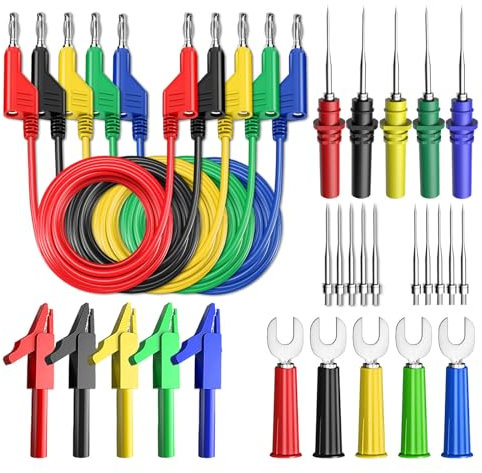 Cleqee Set di puntali per multimetro da 30 pezzi, puntali con spina a banana da 4 mm impilabili a doppia estremità con clip a coccodrillo isolate, connettori a forcella, sonde di test