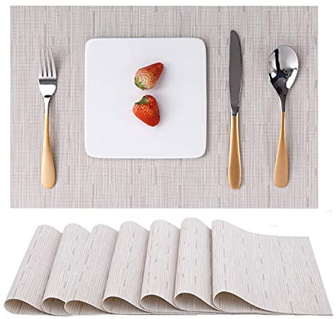 Myir JUN Tischsets Abwaschbar 8er Set, Gewebte Platzdeckchen rutschfest Abgrifffeste Hitzebeständig, Vinyl Platzsets Abwaschbar für küche Speisetisch Hotel, Platz-Matten30x43.5cm (Beige)