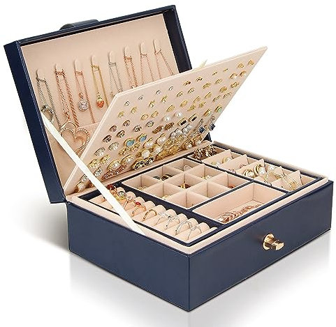 Chelory Jewellery Box Organiser for Women Girls, 3 Layer Large Jewellery Storage Case for Rings Earrings Necklace Bracelets Faux Leather Jewelry Gift Box (Blue)